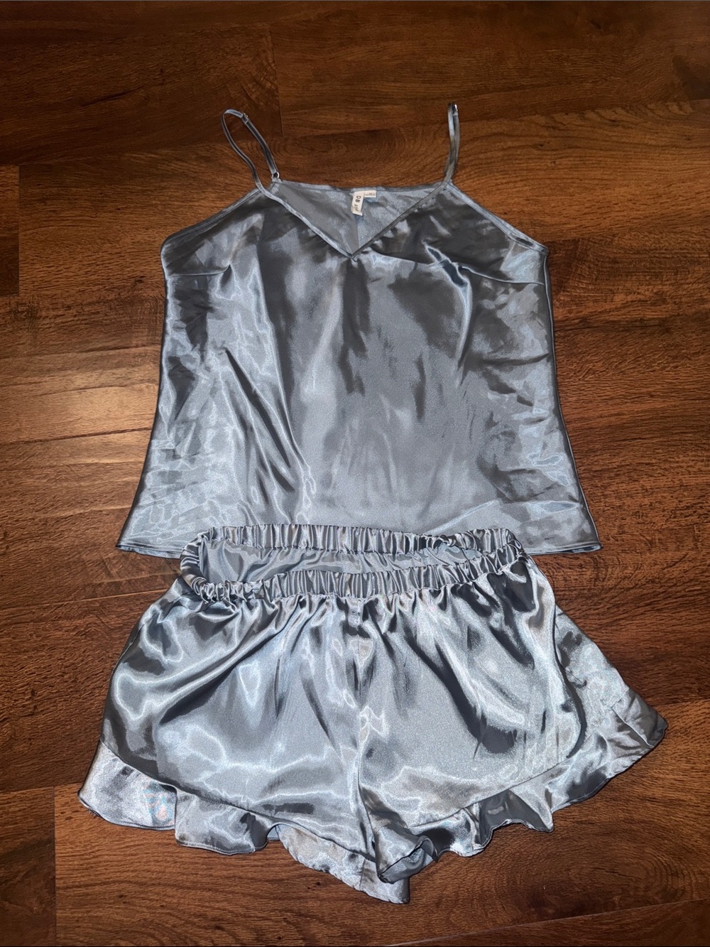 Satin Cami & Ruffle Shorts Sleep Set - Silver Blue